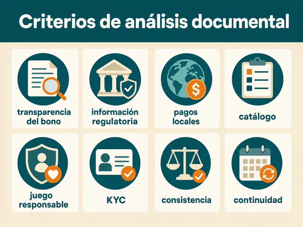 Los ocho criterios de análisis documental aplicados a cada casino comparado